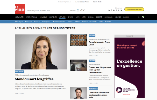 Capture bandeaux OAAQ - La Presse 11 d&eacute;cembre 2025