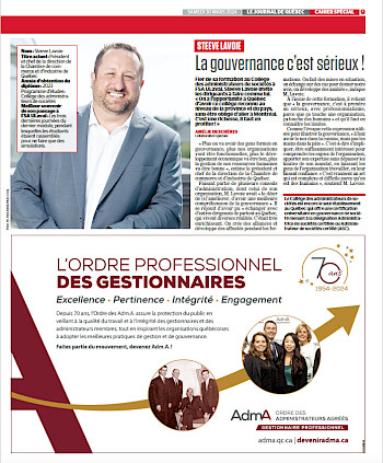 Visuel Journal de Québec - 30 mars 2024 (cahier spécial 100 ans FSA ULaval)